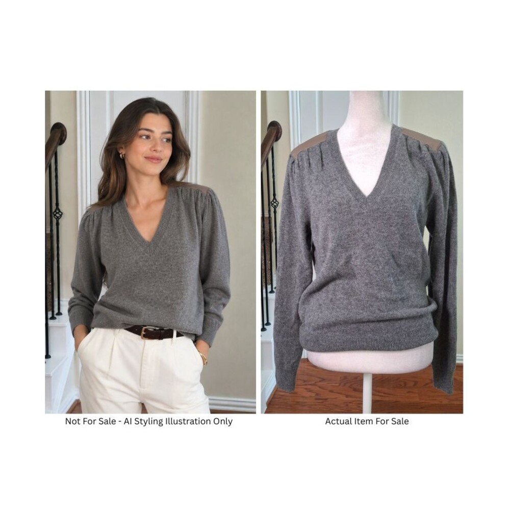 Brochu Walker 100% Cashmere Sweater Gray Women S Leather Patch Luxury Preppy